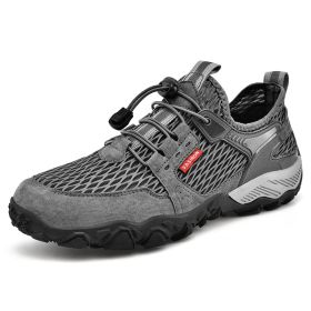 Men's Summer Leather Breathable Outdoor Sports Casual Shoes Non-slip Soft-soled Mesh Surface Hiking Shoes (Option: Gray-38)