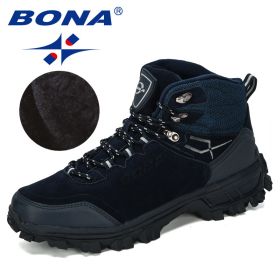 BONA New Designers Genuine Leather Hiking Shoes Winter Sneakers Men Mountain Man Tactical Hunting Footwear Plush Warm Shoes (Color: Deep blue S gray)