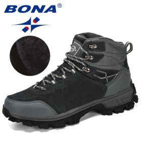 BONA New Designers Genuine Leather Hiking Shoes Winter Sneakers Men Mountain Man Tactical Hunting Footwear Plush Warm Shoes (Color: Dark grey S gray)