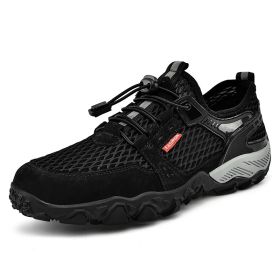 Men's Summer Leather Breathable Outdoor Sports Casual Shoes Non-slip Soft-soled Mesh Surface Hiking Shoes (Option: Black-45)