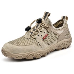 Men's Summer Leather Breathable Outdoor Sports Casual Shoes Non-slip Soft-soled Mesh Surface Hiking Shoes (Option: Khaki-43)